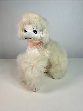 1950s Japanese Ceramic Poodle Figurine With Fur Trim White Spaghetti Poodle